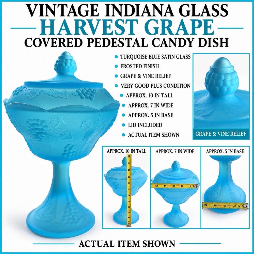 Vintage Indiana Glass Frosted Blue Harvest Grape Compote Candy Dish & Lid 10.25”